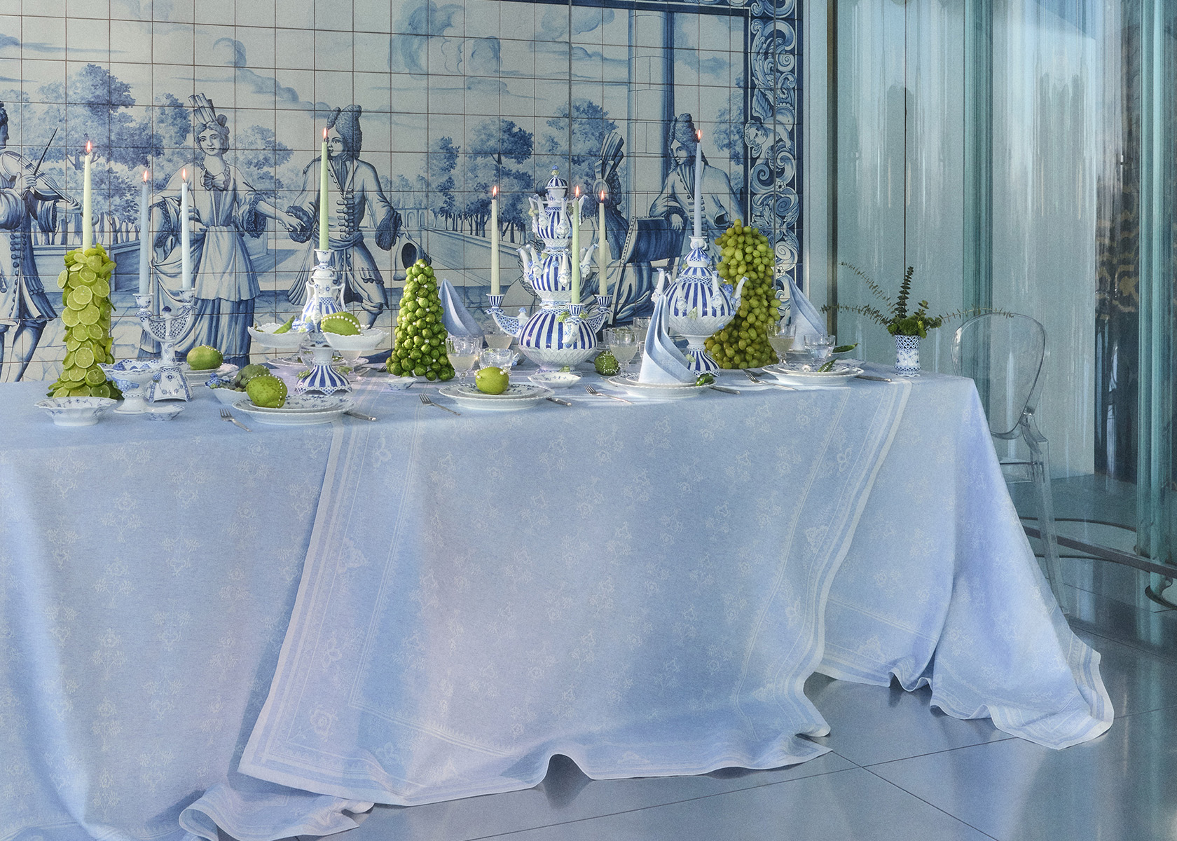 A Table set with the New Light Blue Heritage Tablecloth